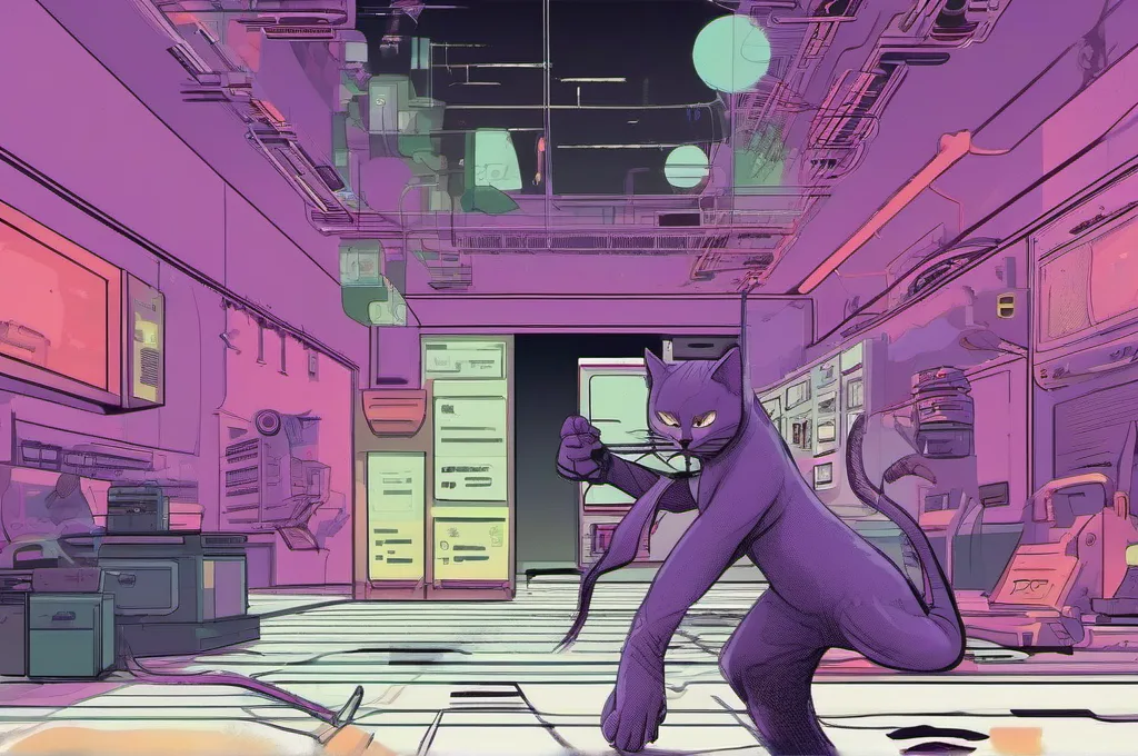 Recurring editorial scenes feature cats with clearly visible mechanical or cybernetic parts investigating AI-agent audit setups: tracing an agent's actions, examining evaluation results, or inspecting safety controls. Use crisp, atmospheric digital illustration with lime highlights and restrained purple haze against dark settings; keep subjects and props legible, and do not depict fake software screenshots, brand lettering, or logos.: How to Add Human Approval Gates to AI Agent Production Actions