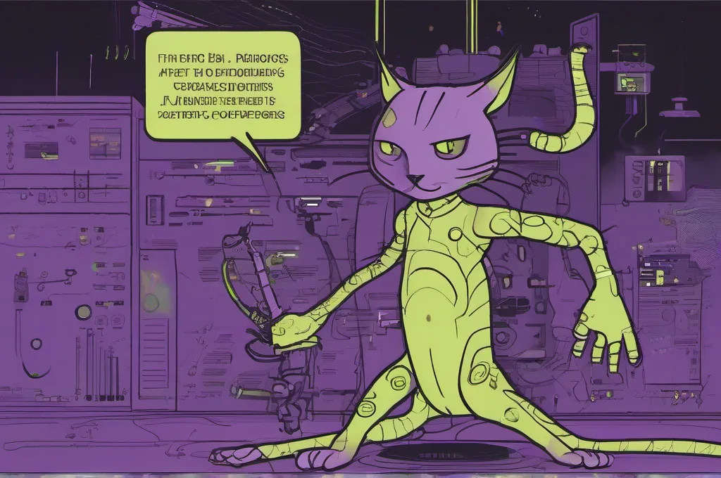 Recurring editorial scenes feature cats with clearly visible mechanical or cybernetic parts investigating AI-agent audit setups: tracing an agent's actions, examining evaluation results, or inspecting safety controls. Use crisp, atmospheric digital illustration with lime highlights and restrained purple haze against dark settings; keep subjects and props legible, and do not depict fake software screenshots, brand lettering, or logos.: How to Instrument Multi-Step AI Agent Workflows for Span-Level Error Tracking