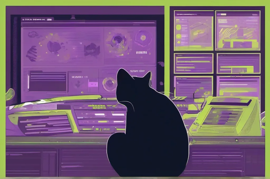 Recurring editorial scenes feature cats with clearly visible mechanical or cybernetic parts investigating AI-agent audit setups: tracing an agent's actions, examining evaluation results, or inspecting safety controls. Use crisp, atmospheric digital illustration with lime highlights and restrained purple haze against dark settings; keep subjects and props legible, and do not depict fake software screenshots, brand lettering, or logos.: Top 5 Tools for Auditing Cloud Permissions Granted to AI Agents