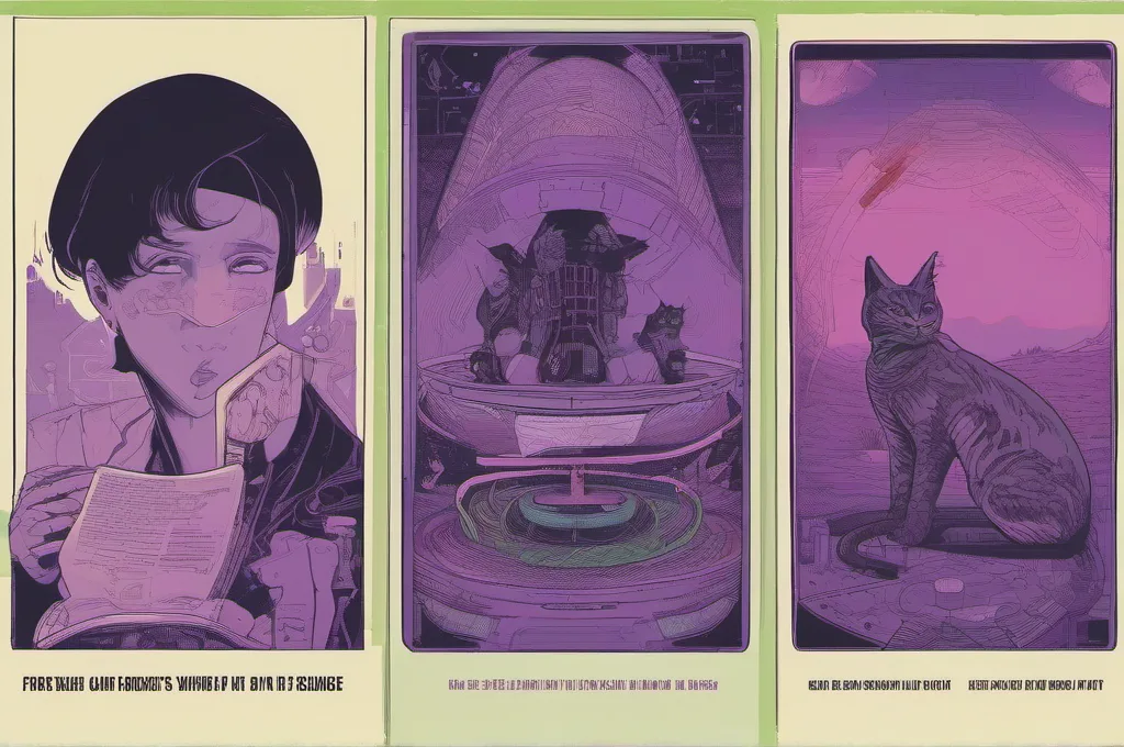 Recurring editorial scenes feature cats with clearly visible mechanical or cybernetic parts investigating AI-agent audit setups: tracing an agent's actions, examining evaluation results, or inspecting safety controls. Use crisp, atmospheric digital illustration with lime highlights and restrained purple haze against dark settings; keep subjects and props legible, and do not depict fake software screenshots, brand lettering, or logos.: Top 5 LLM-as-a-Judge Tools for Evaluating AI Agent Responses