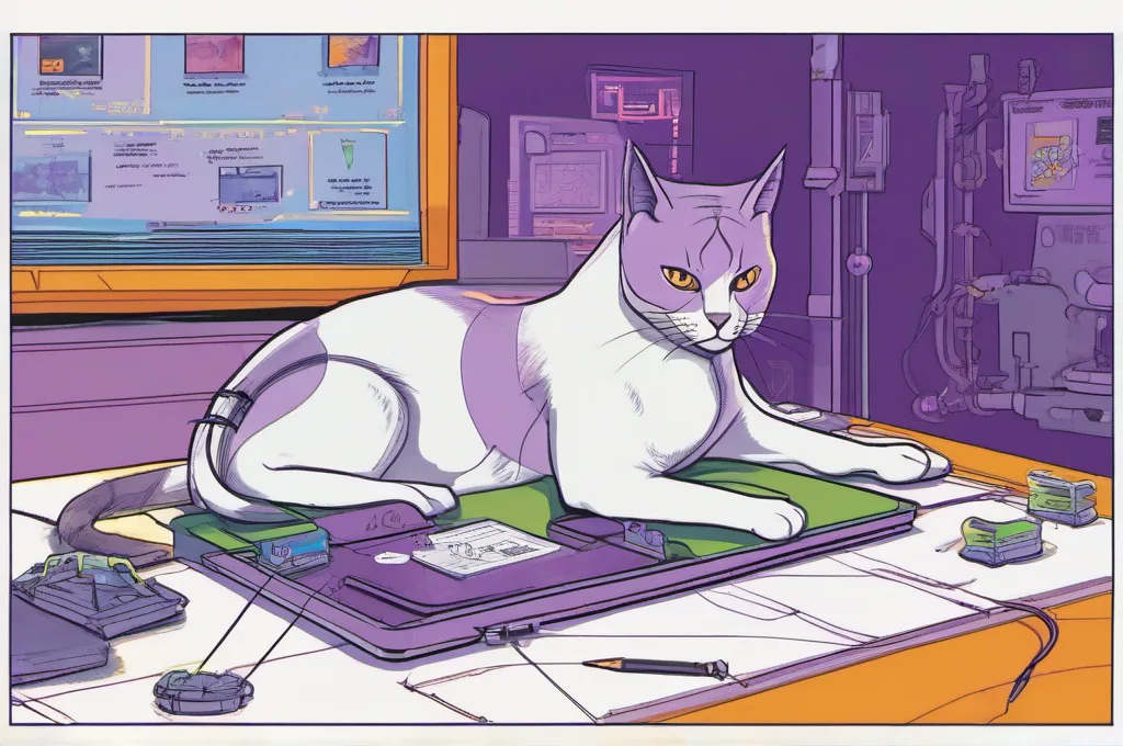 Arize Phoenix: A cybernetic cat fastens a small colored clip to a blank observation card on a narrow worktable. A shallow tray beside it holds matching cards, with a taut thread linking the clipped card to the tray; crisp technical field-guide illustration with restrained purple lighting..
