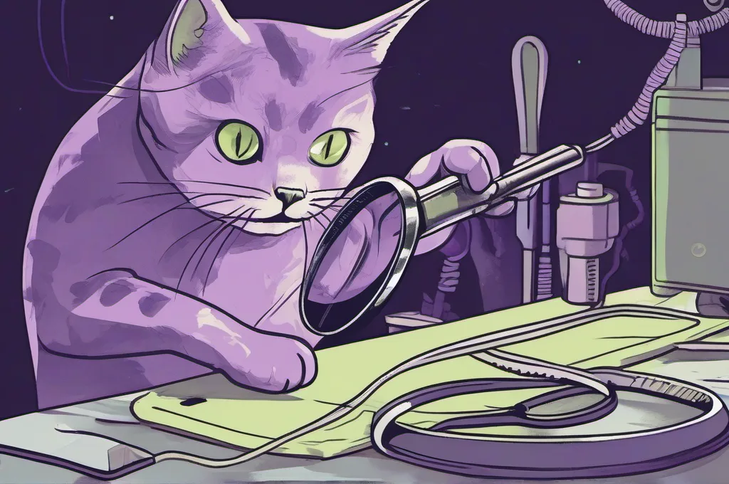 LangSmith: A cat peers through a handheld magnifying glass at one cord in a branching bundle, where that cord loops around a small wrench. The cords lie across a dark auditor’s worktable, picked out by restrained lime edge light and a faint purple wash; everything is unmarked..