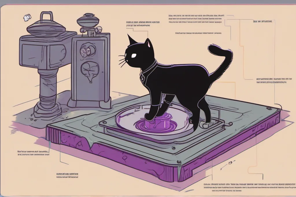 LangSmith: A balance scale is the main object as one cat presses a paw onto one of its two shallow pans, comparing a pair of identical metal tokens. The scale stands on a bare stone plinth in a quiet audit room, shown in a clean cyberpunk-inspired editorial illustration..