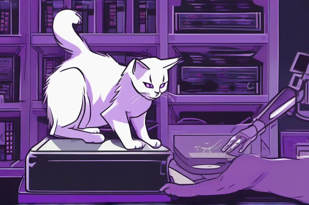 LangSmith: A cybernetic cat lifts one blank trace card from a shallow sorting tray in a dark archive nook. Several identical cards sit in neat compartments, while a clear receiving tray waits empty; crisp technical field-guide illustration with restrained purple edge lighting..