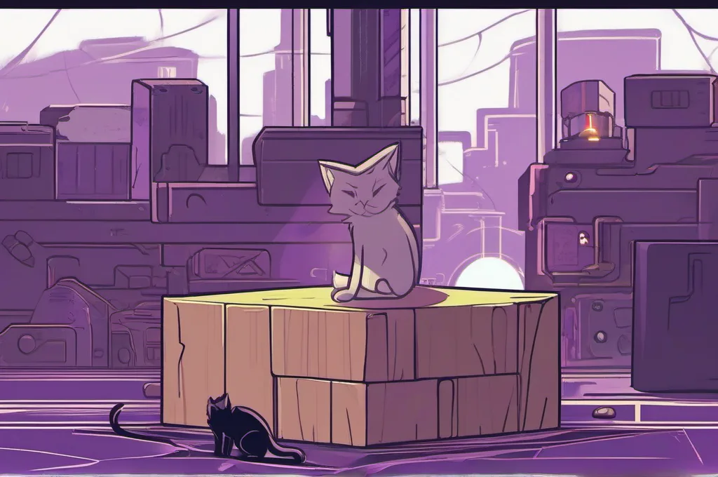 Arize Phoenix: A cat lowers a small wooden block into the hollow center of a larger block on a low workshop floor, forming a clear nested stack. The simple shapes sit against a near-black, cyberpunk field-guide setting with restrained lime edge light and a faint purple wash; no markings or text..