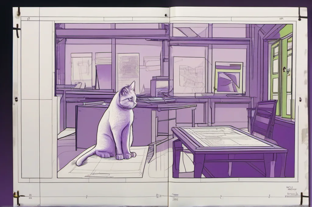Prism: A large unmarked architectural drafting sheet lies open on a low studio table, showing only a simple bridge outline. One cat places a small wooden arch piece directly over the matching outline. Clean technical illustration, dark surroundings, lime edge light, and a faint purple wash..