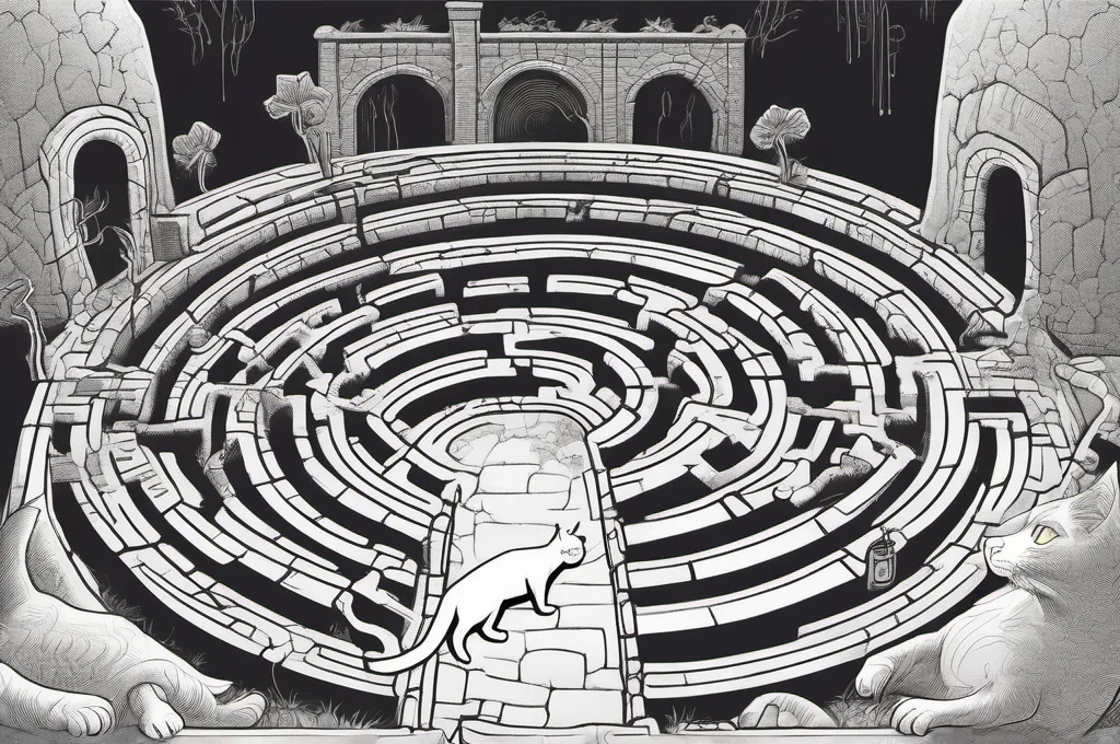 Cortex Cloud Identity Security (CIEM): A branching stone maze fills a dim, workshop-like chamber, with a small locked glass vault at its center. One cat traces a narrow route through the maze with a paw, past several dead ends and toward the vault. The maze and vault are plain, with no writing or markings..