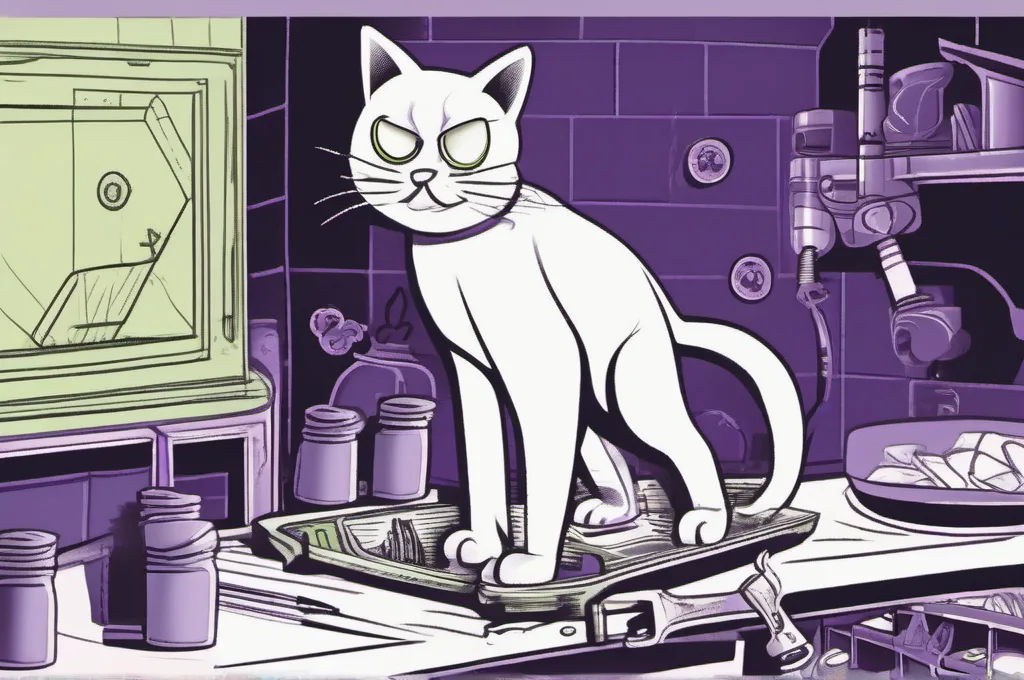 Mockoon: A hand-cranked wooden dispenser stands on a clean workbench, with several smooth compartments arranged in a row and no markings. One cat presses its single broad lever, releasing one ceramic token into the waiting tray. Dark technical illustration with lime highlights and subtle purple light..