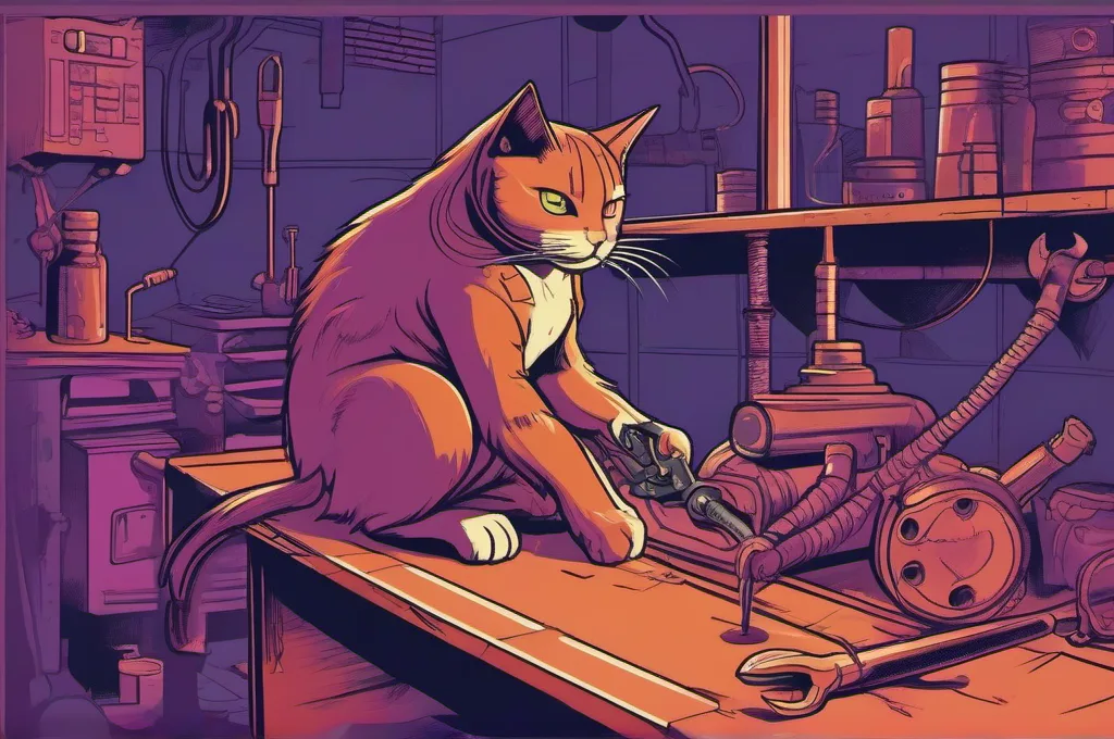 Arize Phoenix: A small wrench is the main object as one cat turns it on a single bolt joining two pieces of copper pipe at a workshop bench. The fitted joint and the cat's steady paw are clearly visible in a crisp cyberpunk-inspired editorial illustration..
