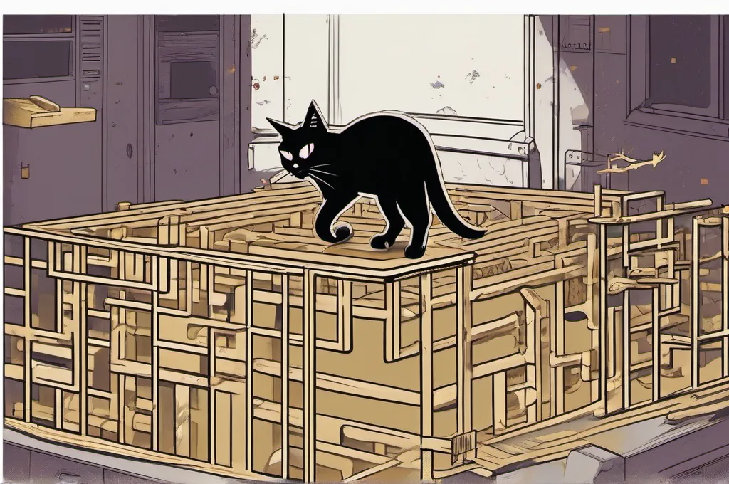 Braintrust: A hinged wooden maze is the main object as one cat nudges a small brass gate open to test the route from entrance to exit. The maze sits on a workbench with several visible turns and dead ends, rendered as a crisp cyberpunk-inspired technical field-guide illustration..