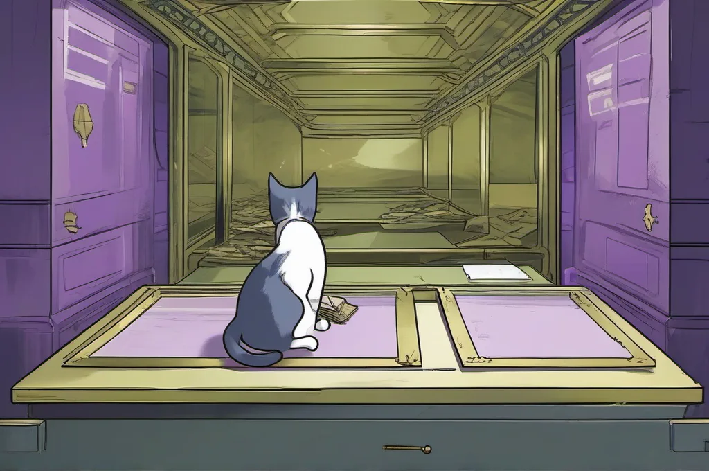 Helicone: A cat pushes a neat stack of blank paper slips through a narrow brass intake slot into a clear archive box. The slot and box stand on a dark workshop counter, with restrained lime edge light and a faint purple wash; the slips and every other prop are completely unmarked..
