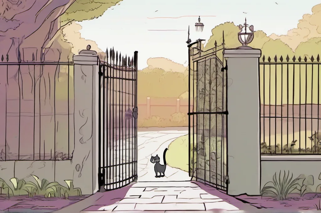 AWS IAM Access Analyzer: A tall mesh fence surrounds a quiet courtyard, with one open gate and a trail of pawprints crossing the threshold. One cat inspects the gate hinge from outside the fence. Keep the courtyard spare, with no signs, lettering, or other animals..