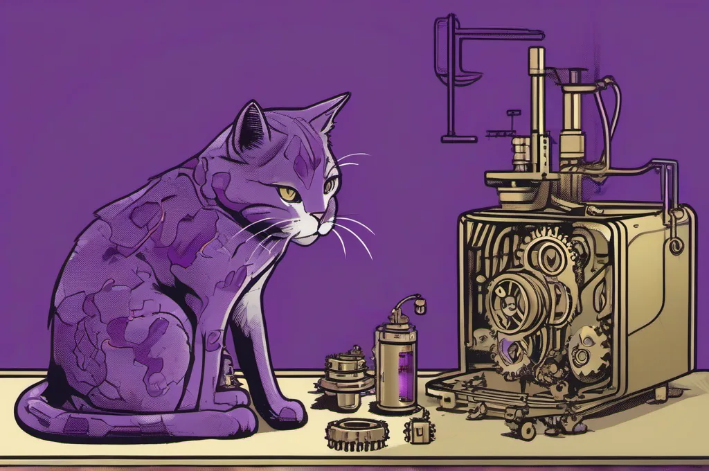 CoreWeave Agent Lens: A cybernetic cat lowers a cracked brass gear into a compact mechanical test jig on a workshop floor. A small basket of intact gears and a loose spring sit nearby; crisp technical field-guide illustration with dark surroundings and restrained purple lighting..