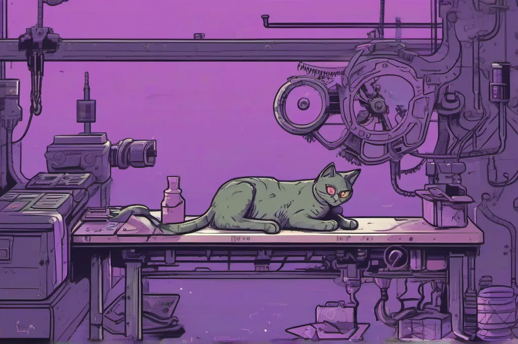 Langfuse: A cat slides a small brass cog into a larger open gear housing on a workbench in a dim, cyberpunk workshop. The teeth meet visibly inside the outer gear, with a few plain metal tools nearby and restrained lime edge light under a faint purple wash. No markings or text appear..